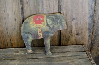 Antique Gibbs 1911 Circus Trick Lithographed Wood Jumbo Elephant W.  Metal Legs