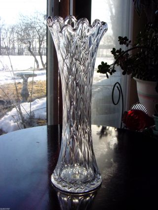 Vintage Antique 11 " Tall Iridescent ? Diamond Optic Clear Art Glass Swung Vase