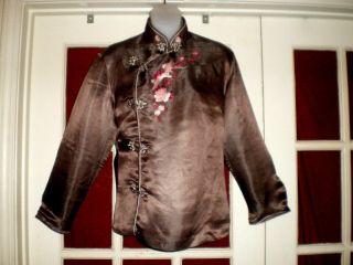 Fine Antique Chinese Brown Silk Jacket/coat W/pink Embroidered Phoenix Sz 38