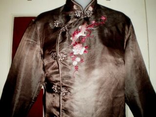 Fine Antique Chinese Brown Silk Jacket/Coat w/Pink Embroidered Phoenix Sz 38 2