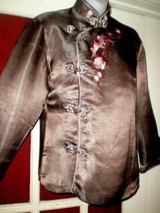Fine Antique Chinese Brown Silk Jacket/Coat w/Pink Embroidered Phoenix Sz 38 5
