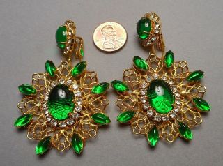 1960s K.  J.  L.  Drop Filigree Earrings Faux Emerald Cabs - Ann Miller