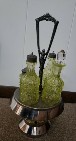 Antique Vaseline Cut Glass Oil Salt Pepper Sugar Shaker In Silver - Plated Holder
