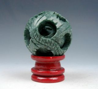 Jade Stone Hand Carved 3 - Layers Dragon Balls Sphere W/ Stand 05231919