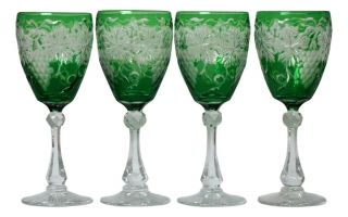 Rare Stevens & Williams Intaglio Glass Green Cut To Clear Four 9 " Wine Goblets