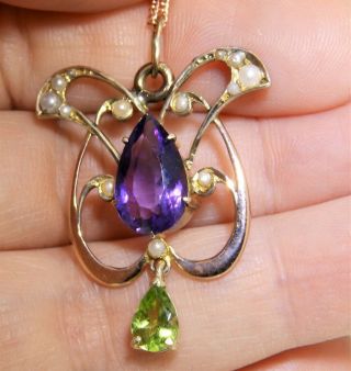 Antique Suffragette 9ct Gold Peridot Amethyst Seedpearl Pendant Necklace 9 Carat