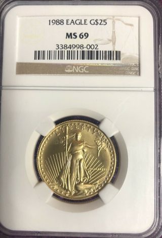 1988 $25 American Gold Eagle 1/2 Oz Ngc 3384998 - 002 Graded Ms69.  Rare - Key Date