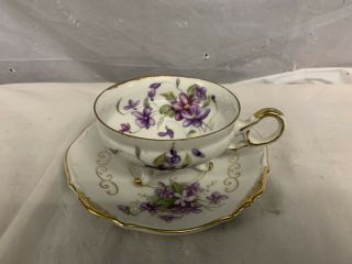 Vintage Legged Tea Cup And Saucer (purple Flowers) Unmarked