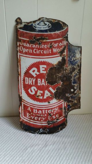 Vintage Red Seal Battery Porcelain 2 Sided Sign Flange c.  1920 ' s - Rare Gas Oil 2