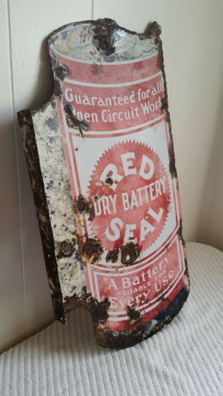 Vintage Red Seal Battery Porcelain 2 Sided Sign Flange c.  1920 ' s - Rare Gas Oil 6