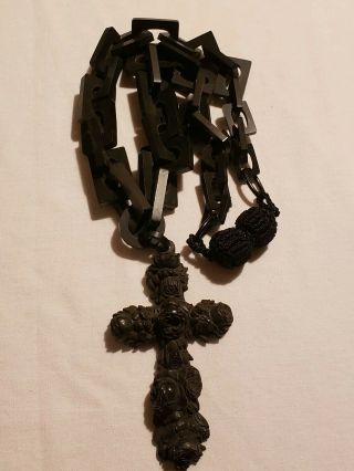 Antique Victorian Gutta Percha And Bog Oak Mourning Cross Carved Necklace