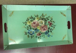 Vintage Green Metal Tole Painted Flower Tray