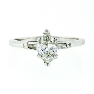 Vintage 14k White Gold 0.  94ctw Gia Marquise & Baguette Diamond Engagement Ring