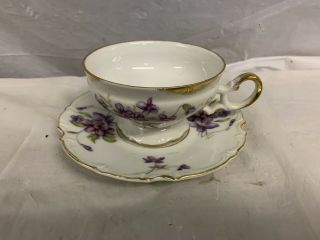 Vintage Tea Cup And Saucer - Purple Flowers - Gold Trim - Unmarked