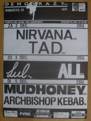 Nirvana Vintage Belgian Concert Poster 1989 Democrazy Mudhoney Tad