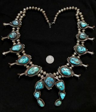 Vintage Navajo Rare Smoky Bisbee Squash Blossom Necklace Sterling Silver 384.  4 G