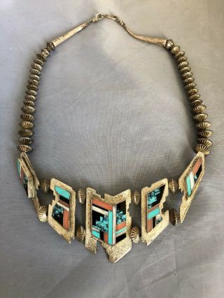 Vintage Navajo Sterling Silver Inlay Necklace With Beads Rare Signed Wa Inlaid