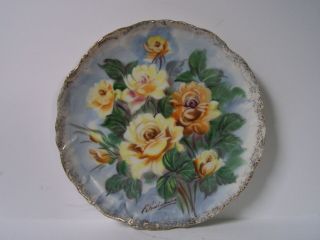 Vintage Yellow Rose Porcelain Plate Hand Painted Gold Trim Signed