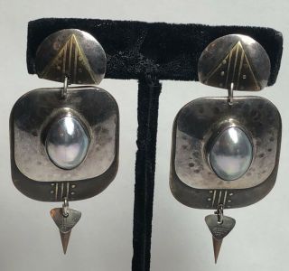 Vintage Tabra Mabe Pearl Mixed Metals Sterling? Silver Bronze Dangle Earrings