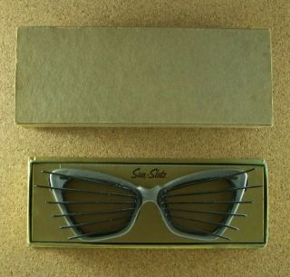 Vintage Antique Sun - Slatz Sunglasses Silver Grey Frames With Black Inserts Box