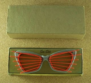 Vintage Antique Sun - Slatz Sunglasses Silver Grey Frames & Red Inserts,  Box
