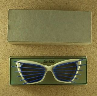 Vintage Antique Sun - Slatz Sunglasses Ivory Frames With Royal Blue Inserts,  Box