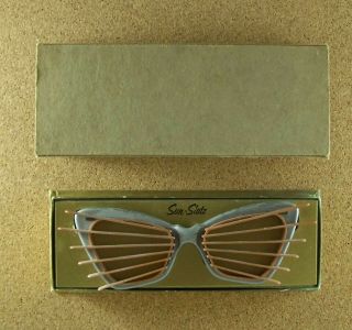 Vintage Antique Sun - Slatz Sunglasses Silver Grey Frames With Brown Inserts Box