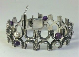 Arts & Crafts 835 Solid Silver Bracelet Set With Pearls & Amethysts (52g)