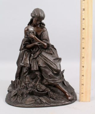 19thc Antique Detailed Bronze Sculpture,  Young Victorian Woman W/ Birds,
