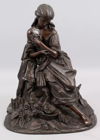 19thC Antique Detailed Bronze Sculpture,  Young Victorian Woman w/ Birds, 2