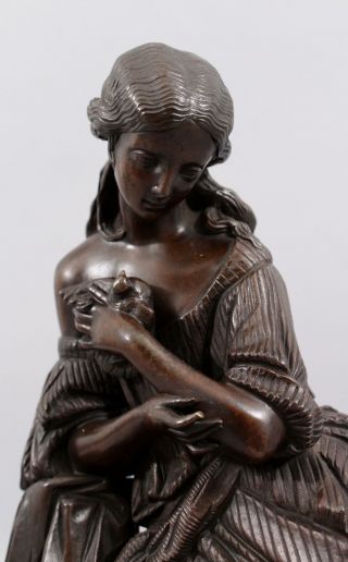 19thC Antique Detailed Bronze Sculpture,  Young Victorian Woman w/ Birds, 3