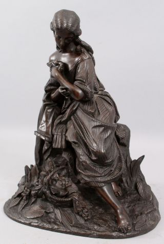 19thC Antique Detailed Bronze Sculpture,  Young Victorian Woman w/ Birds, 5