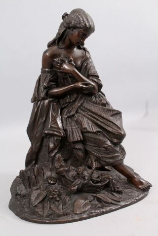 19thC Antique Detailed Bronze Sculpture,  Young Victorian Woman w/ Birds, 6