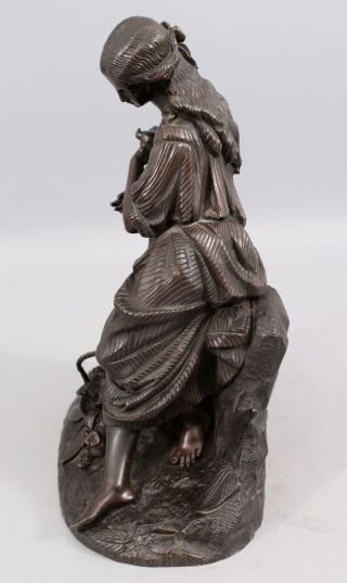 19thC Antique Detailed Bronze Sculpture,  Young Victorian Woman w/ Birds, 7