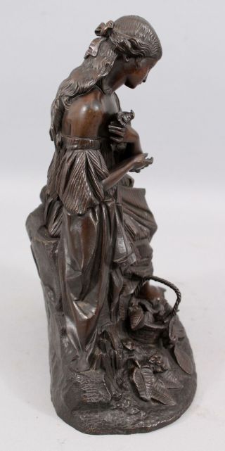 19thC Antique Detailed Bronze Sculpture,  Young Victorian Woman w/ Birds, 8