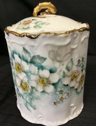 Porcelain 7 X 5w Lidded Cookie Jar W/ Floral Designs & Gold Trim