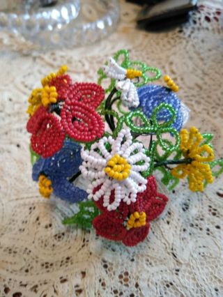 Antique French Seed Bead Flowers W/stems & Red,  Wht,  & Blue Bows