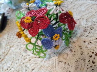 Antique French Seed Bead Flowers W/Stems & Red,  Wht,  & Blue Bows 2