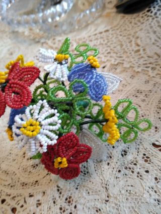 Antique French Seed Bead Flowers W/Stems & Red,  Wht,  & Blue Bows 3
