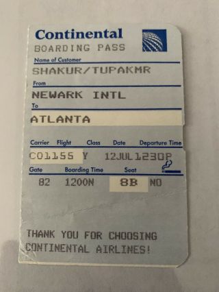Tupac Shakur Rare Plane Ticket