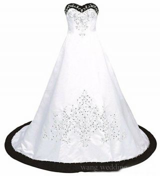 Black And White Wedding Dresses Vintage Sweetheart Embroidery Satin Bridal Gowns 6