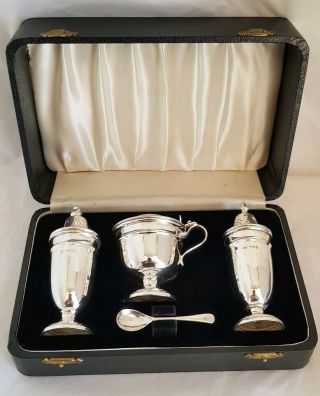 A Vintage Sterling Silver Three Piece Cruet Set.  Sheffield 1958.  By Viner 