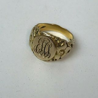 Vintage 14k Gold Signet Ring Flowers And Initials Weighs 6.  6 Grams Size 5 1/2