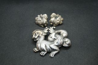 Vintage Guglielmo Cini Sterling Silver Foo Dog Dragon Brooch Pin Earrings Gumps?