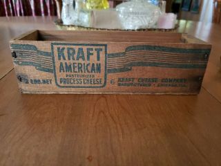 Vtg Kraft Brick American Process Cheese 2 Lbs.  Wooden Box Crate Blue Graphics