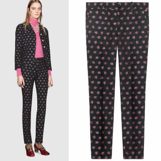 Sz 40 $950 Gucci Black Vintage Floral Print Wool Cotton Trouser Skinny Pants