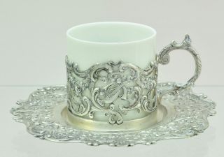 Set Of 6 Antique German 800 Silver & Porcelain Pierced Cups Saucers 19th Century