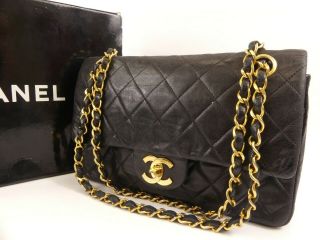 R1362 Auth Vintage Chanel Black Quilted Lambskin Double Flap Chain Shoulder Bag