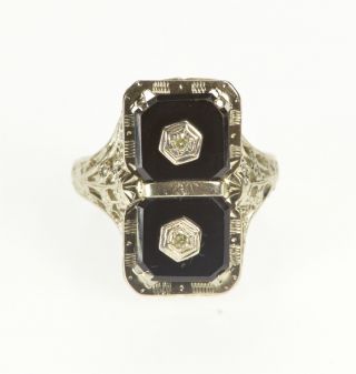 14k Art Deco Black Onyx Diamond Filigree Fashion Ring Size 5 White Gold 11