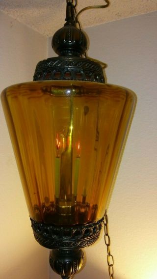 Vintage Mid Century Modern Amber Glass Hanging Swag Lamp W/chain Plug.